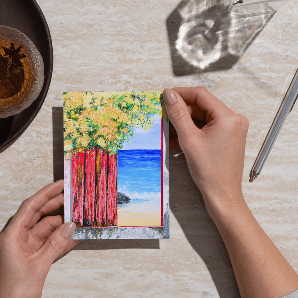Ocean View with Blossoms Landscape Card – Acrylic Painting Design