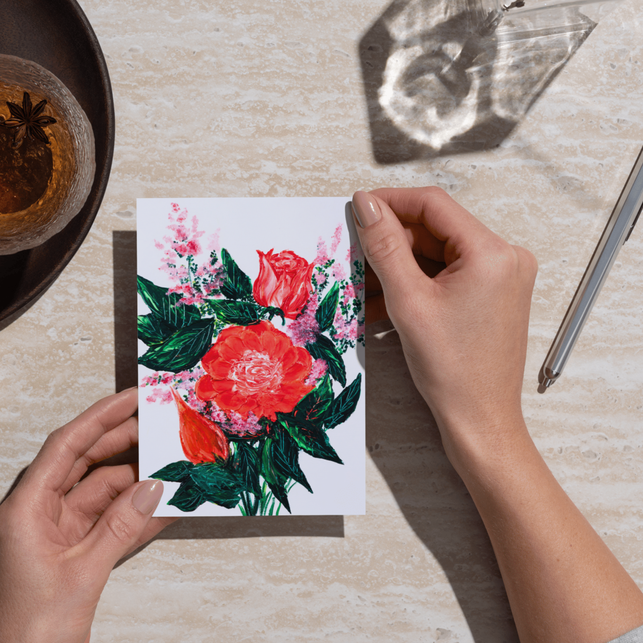 Crimson Rose Floral Card – Acrylic Painting Design