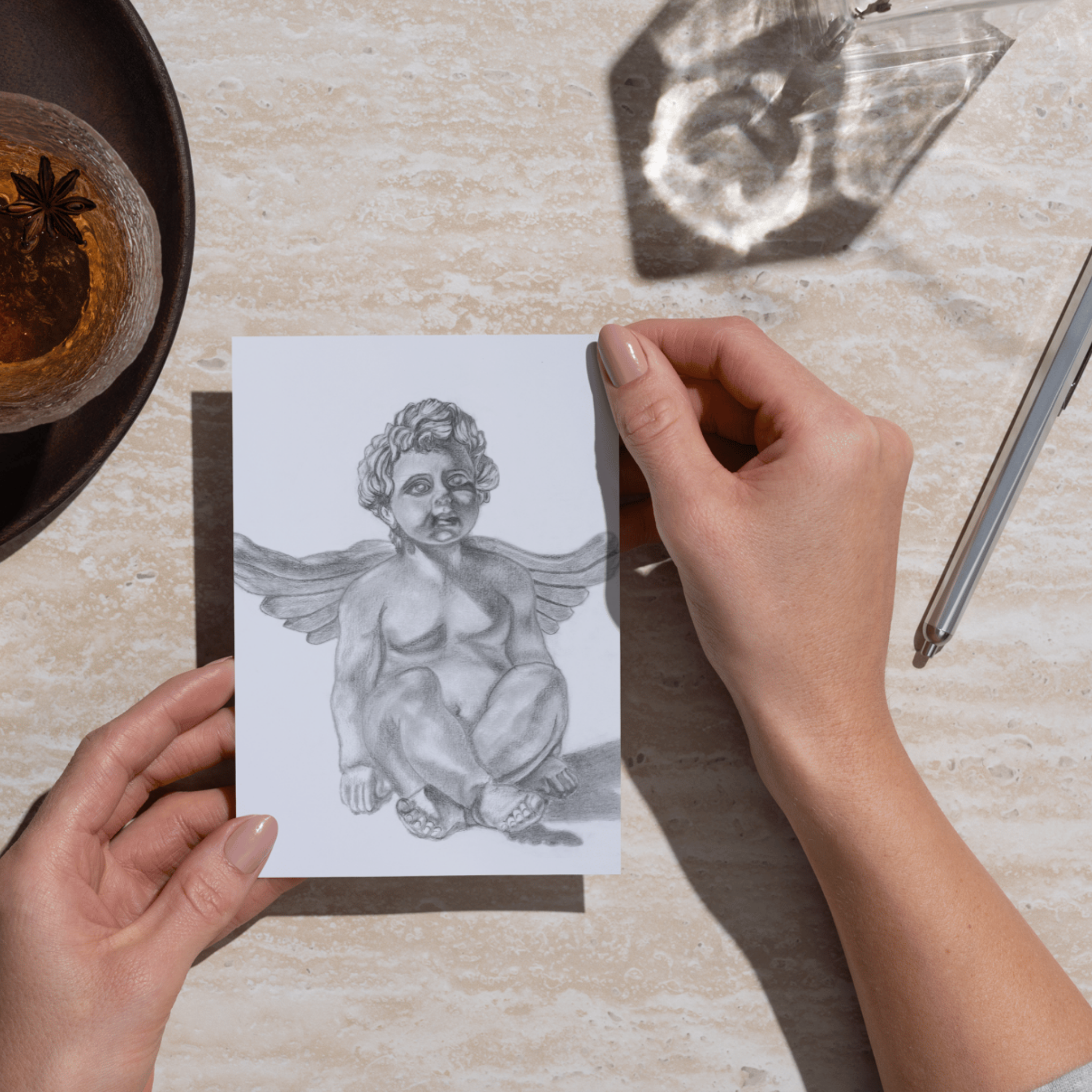 Winged Cherub Angel – Classical Charcoal Drawing Art Greeting Card