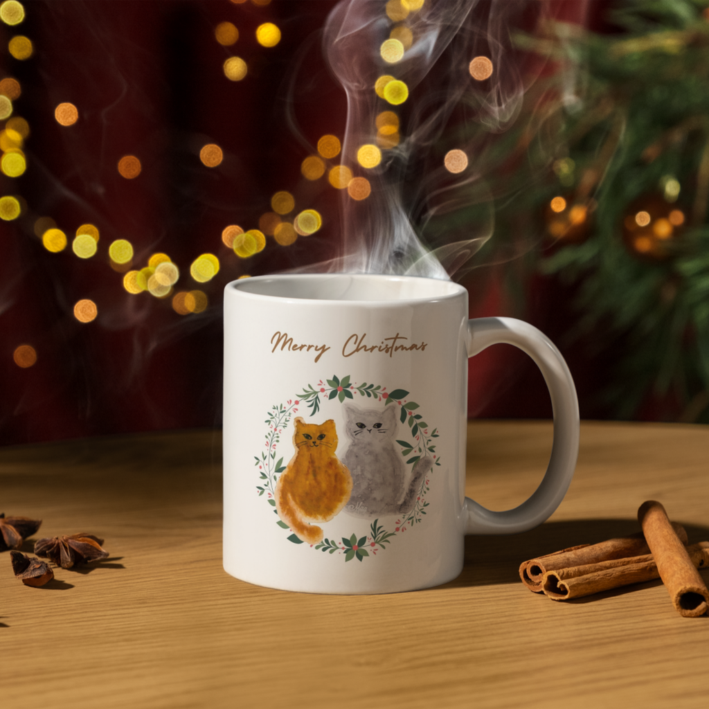 Two Cats Floral Wreath Mug – Merry Christmas Cats Ceramic Coffee Mug