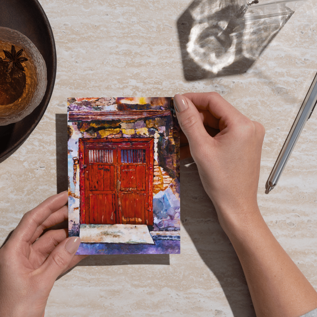Rustic Red Door Landscape Card – Acrylic Painting Design