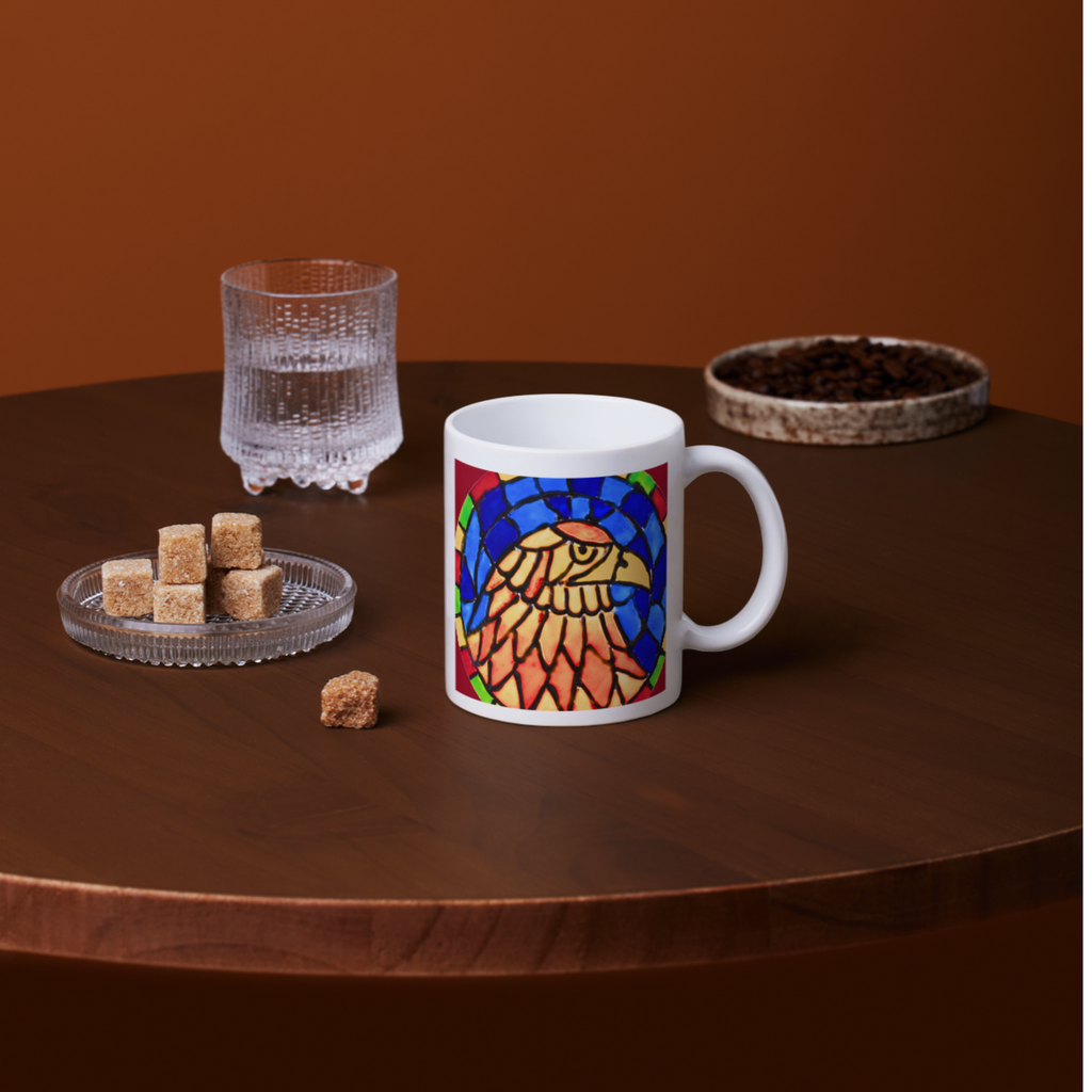 Stained Glass Eagle Portrait Mug – Bold Wildlife Mosaic Ceramic Coffee Mug