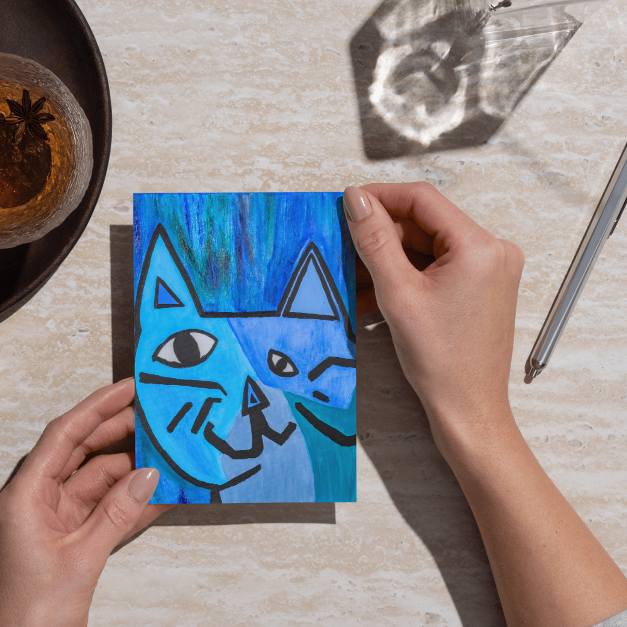 Picasso‑Inspired Acrylic Cat Art Card – Bold Blue Expression