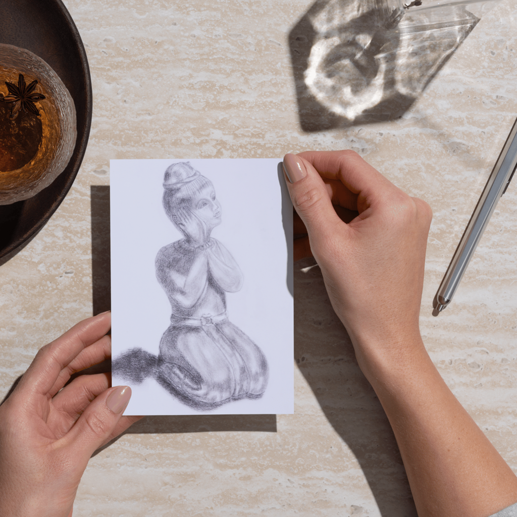 Thai Inspired Figurine – Charcoal Art Greeting Card (Original Drawing)