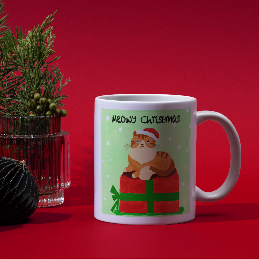 Santa Cat on Gift Box Mug – Meowy Christmas Cat Ceramic Coffee Mug