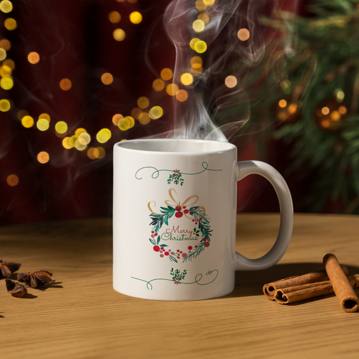 Christmas Wreath & Golden Bow Mug – Elegant Christmas Ceramic Coffee Mug