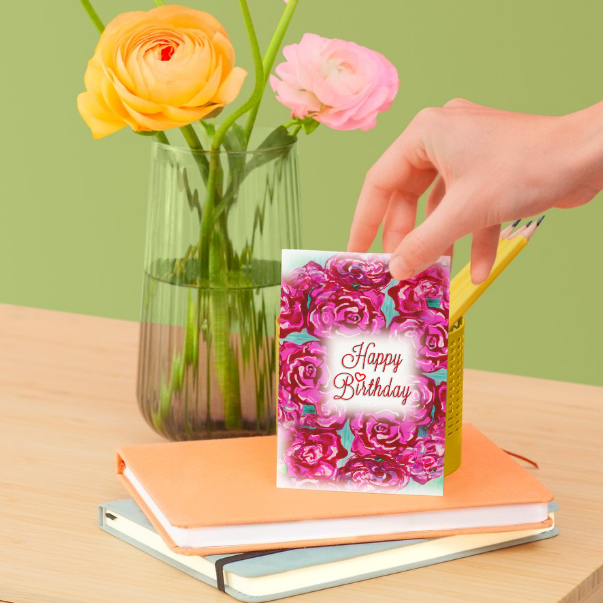 Acrylic Flow Card – Happy Birthday Greeting Card with Pink Roses & Heart Accent