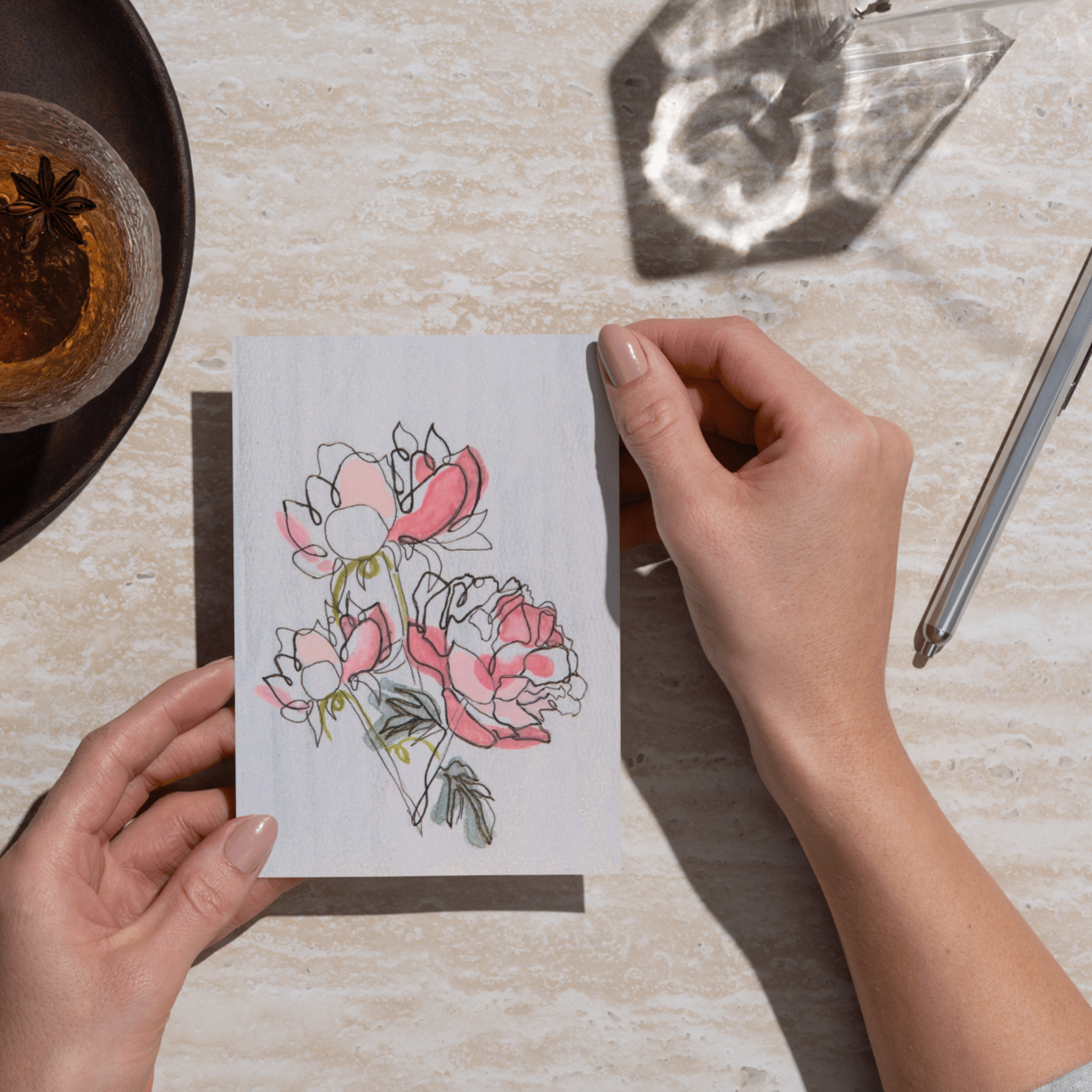 Modern Peony Floral Card – Line & Watercolor Design