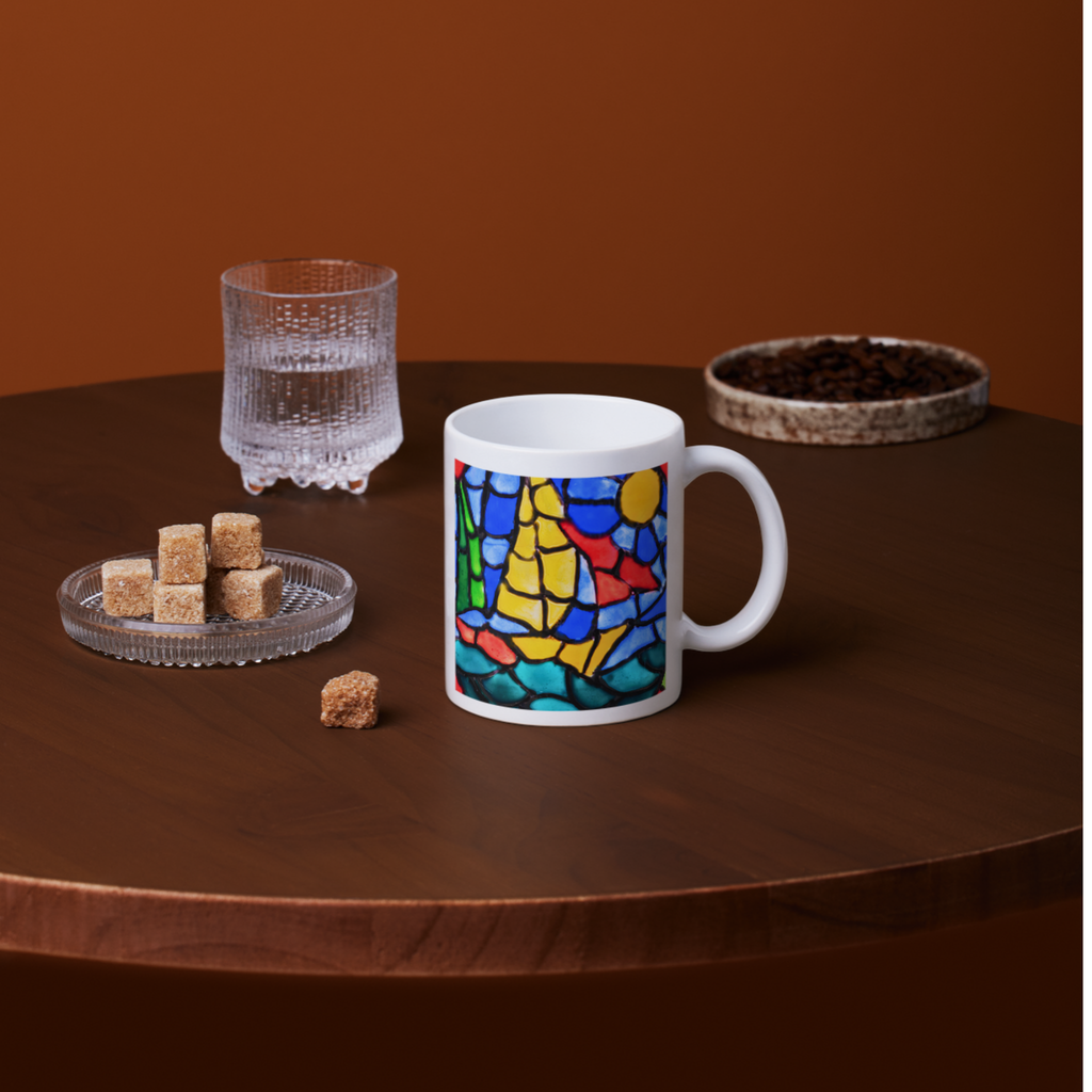 Stained Glass Sailboat at Sea Mug – Nautical Mosaic Ceramic Coffee Mug