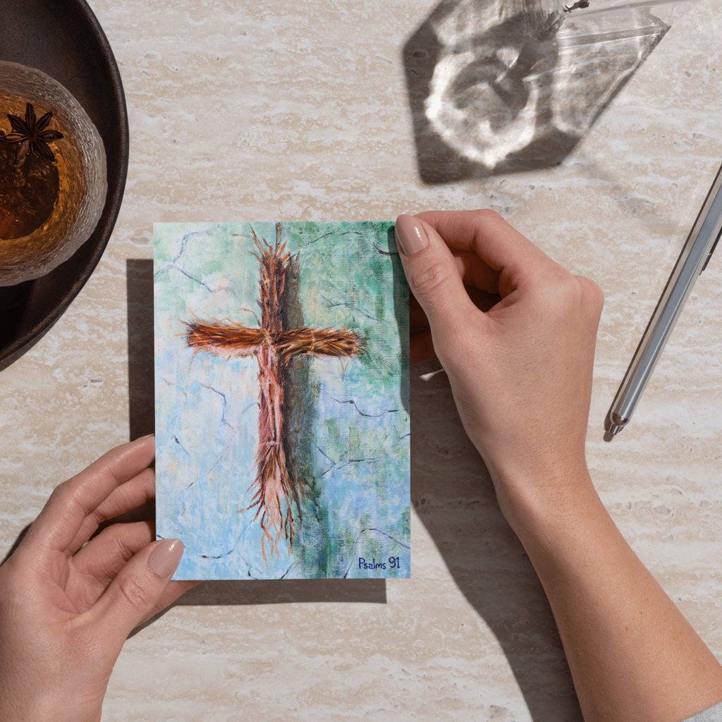 Original Acrylic Rooted Cross Art Card – Psalms 91