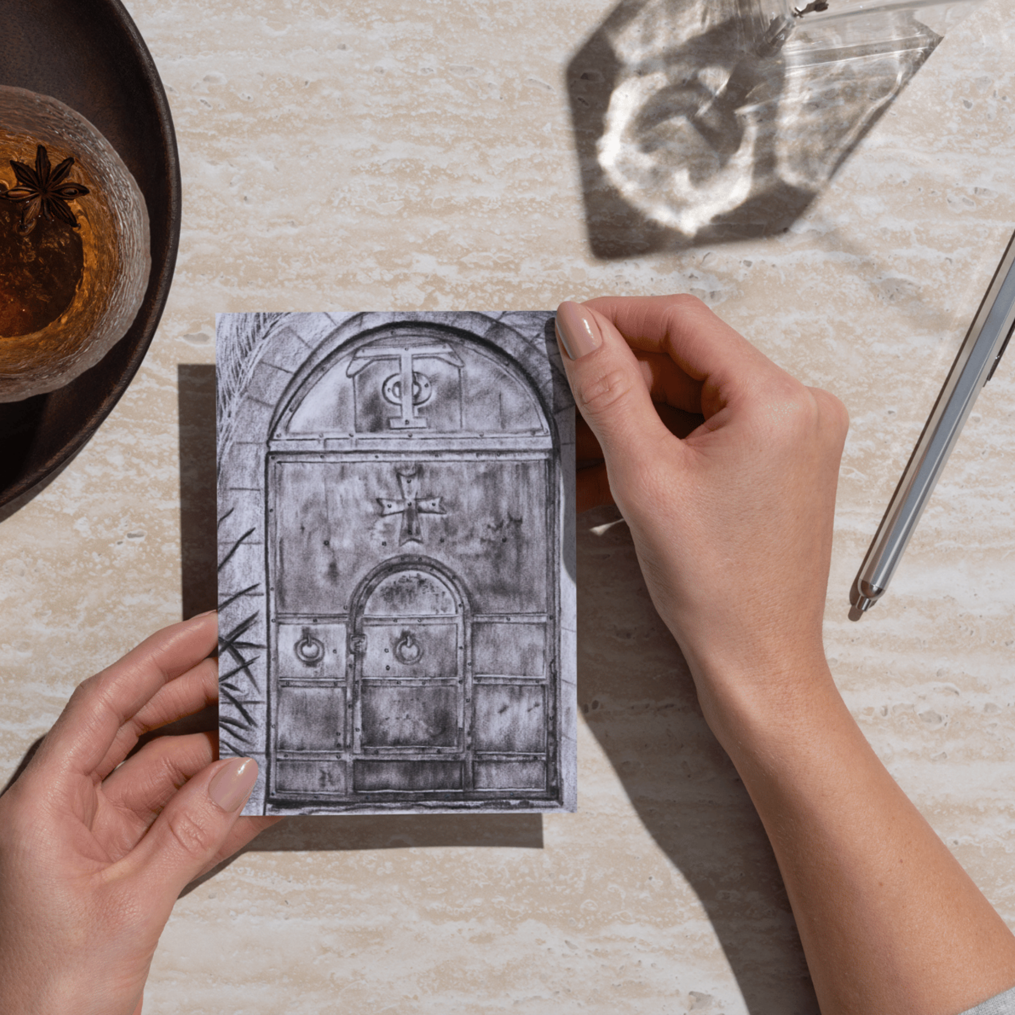 Vintage Arched Doorway – Charcoal Architectural Art Greeting Card (Original Drawing)
