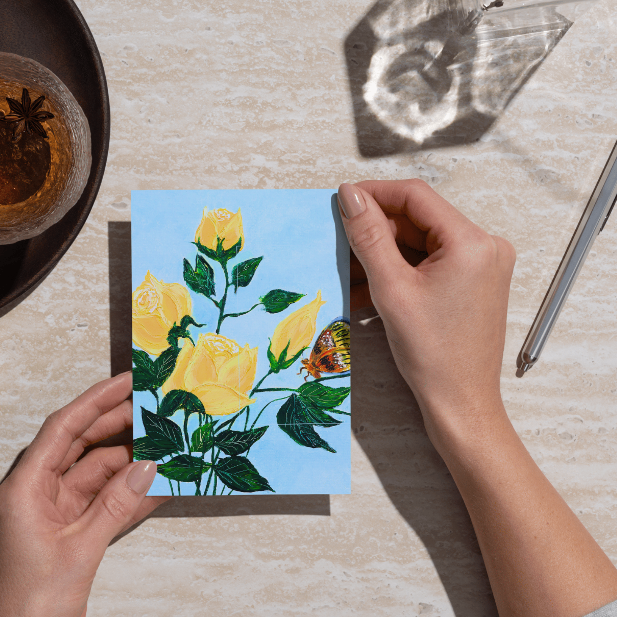 Yellow Roses & Butterfly Floral Card – Acrylic Painting Design