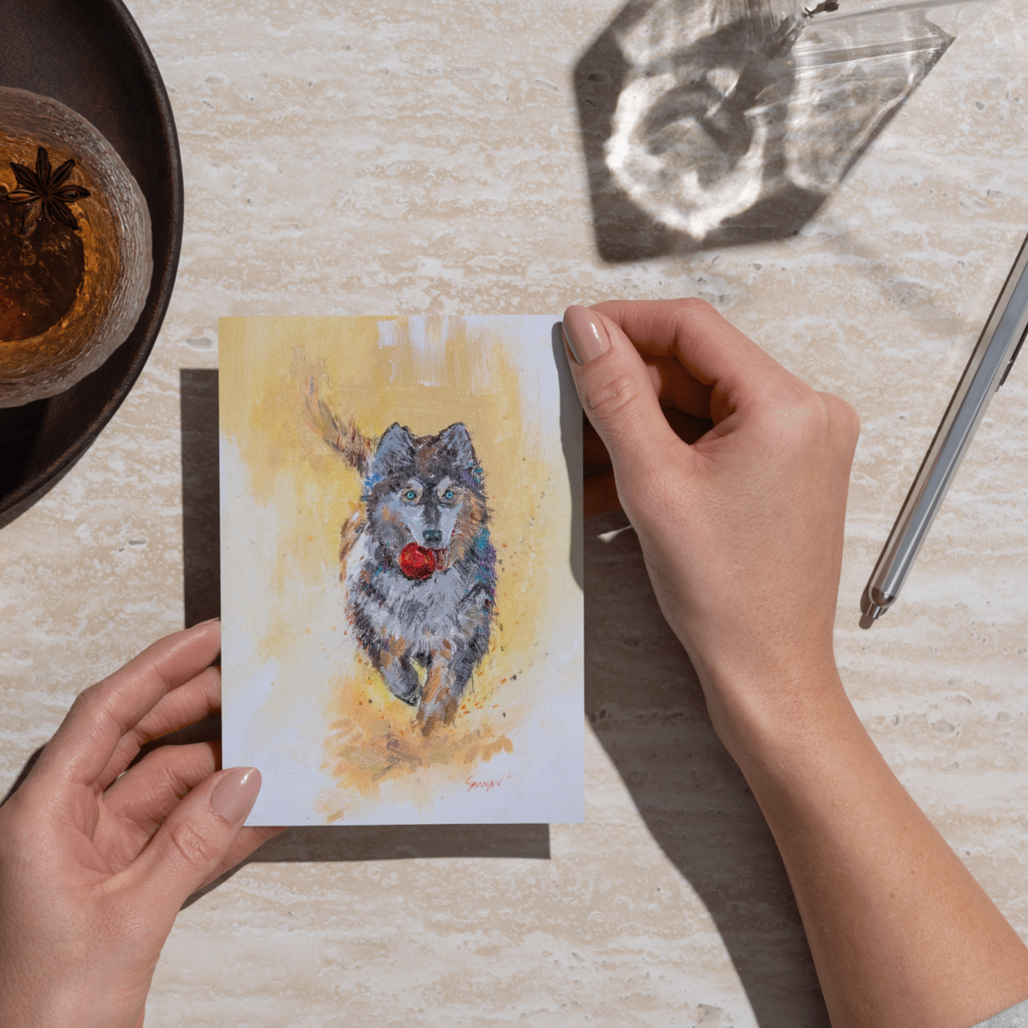 Curated Acrylic Husky Art Card – Playful Motion with Red Ball
