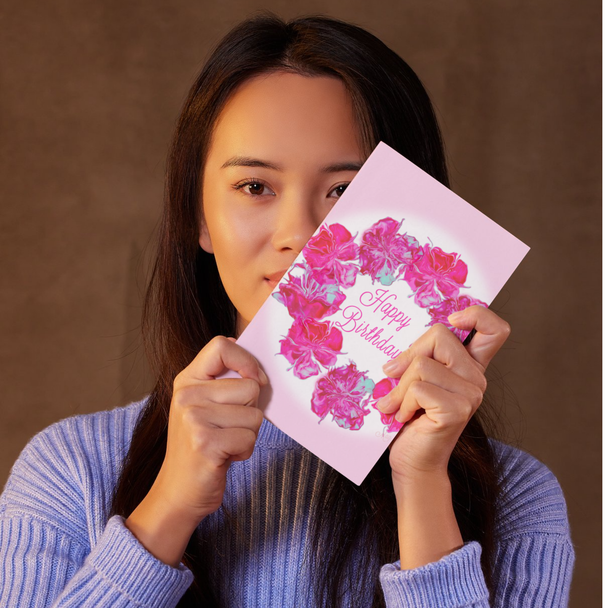 Acrylic Flow Card – Happy Birthday Greeting Card with Floral Ring & Soft Pink Background