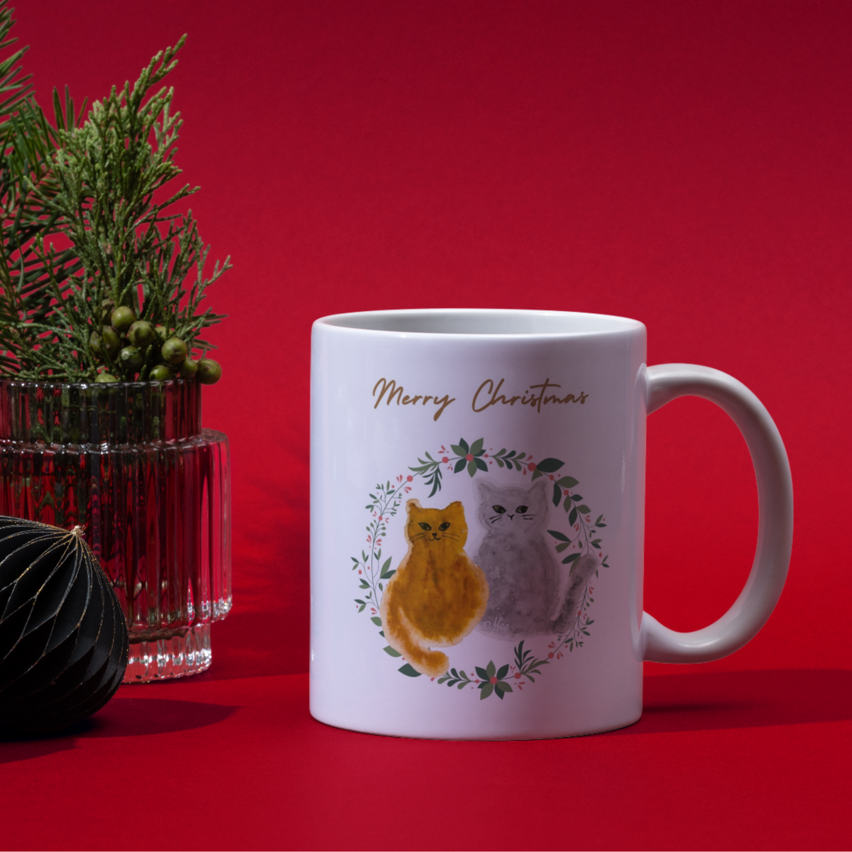 Two Cats Floral Wreath Mug – Merry Christmas Cats Ceramic Coffee Mug
