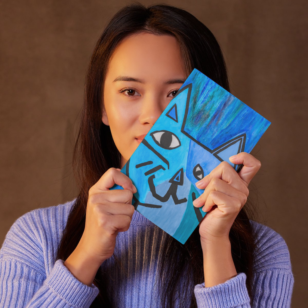 Picasso‑Inspired Acrylic Cat Art Card – Bold Blue Expression