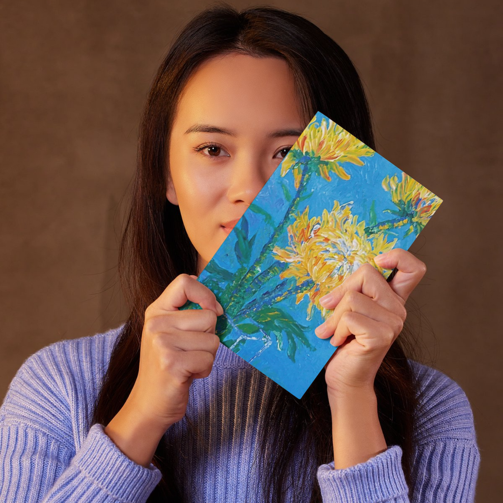 Golden Chrysanthemums in Bloom — Original Acrylic Painting Card | Floral Art Gift