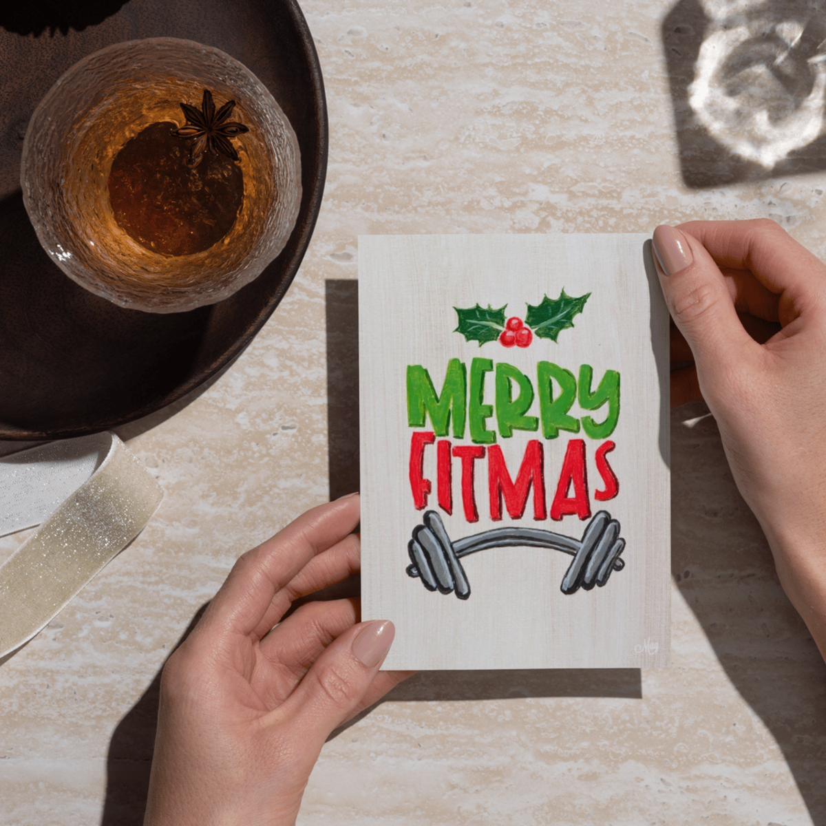Merry Fitmas Dumbbell Christmas — Original Acrylic Painting Card | Funny Gym Fitness Gift