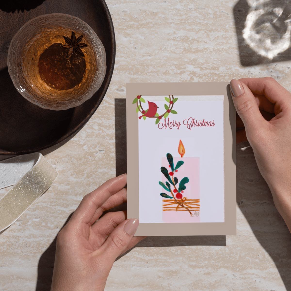 Merry Christmas Candle & Robin — Original Acrylic Painting Card | Warm Festive Gift