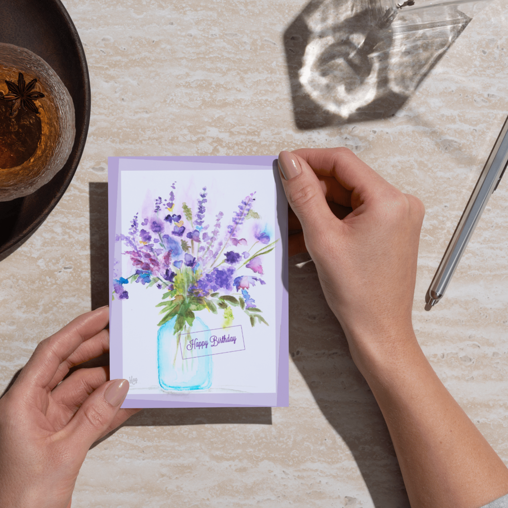 Mason Jar Blooms Card – Happy Birthday Greeting Card with Watercolor Florals & Purple Border