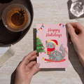 Happy Holidays Grey Cat & Fairy Lights — Original Acrylic Painting Card | Cute Cat Festive Gift