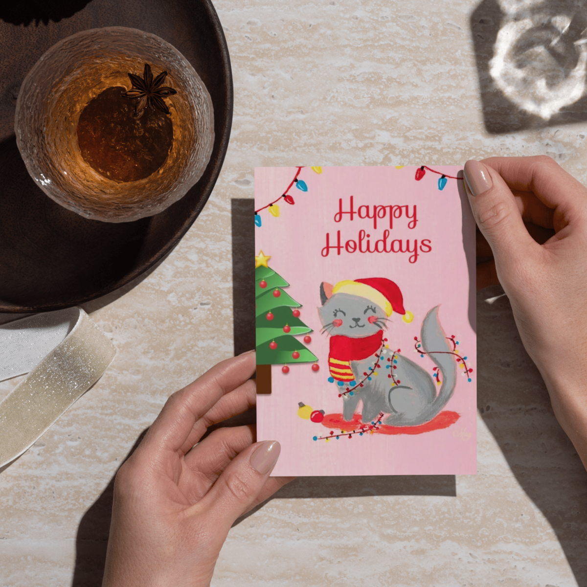 Happy Holidays Grey Cat & Fairy Lights — Original Acrylic Painting Card | Cute Cat Festive Gift