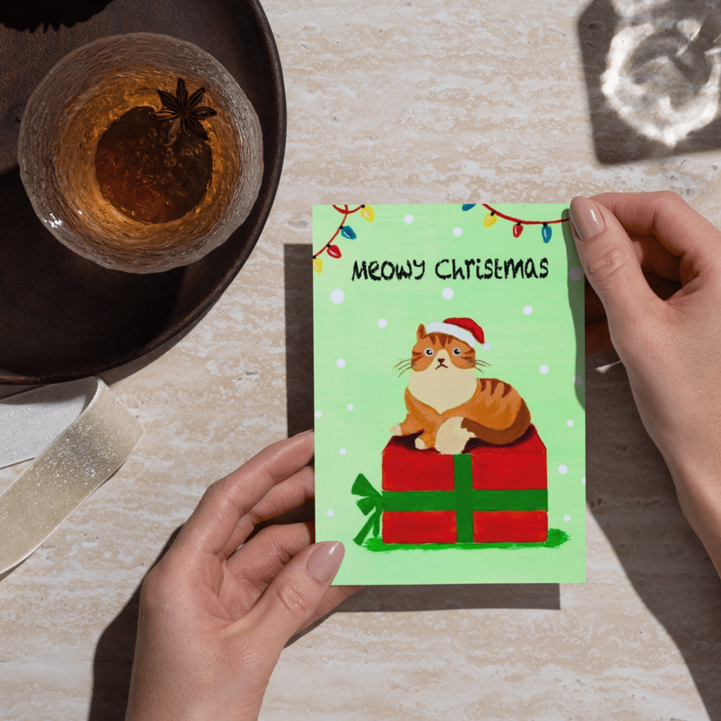 Meowy Christmas Santa Cat on Gift Box — Original Acrylic Painting Card | Funny Cat Lover Gift