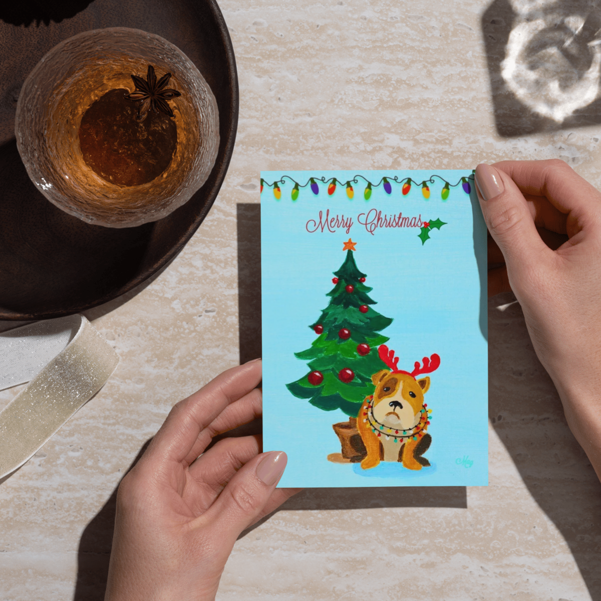Merry Christmas Grumpy Bulldog Reindeer — Original Acrylic Painting Card | Funny Dog Lover Gift