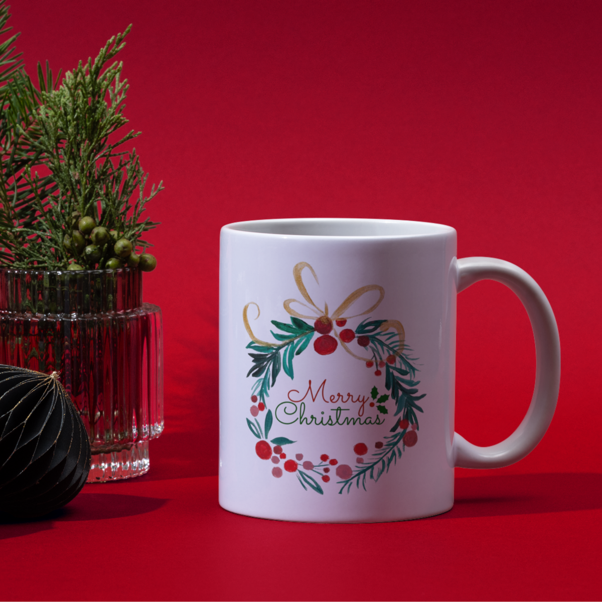 Christmas Wreath & Golden Bow Mug – Elegant Christmas Ceramic Coffee Mug