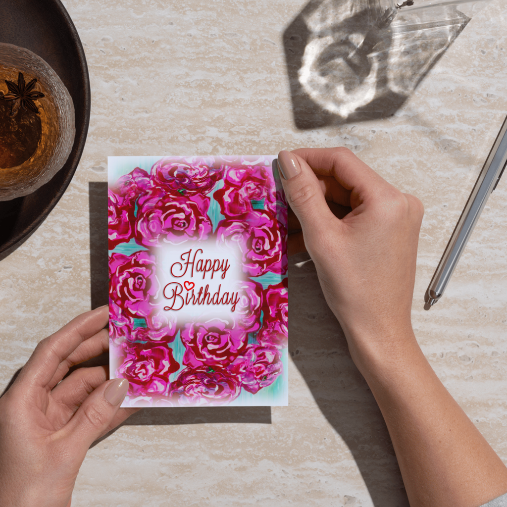 Acrylic Flow Card – Happy Birthday Greeting Card with Pink Roses & Heart Accent
