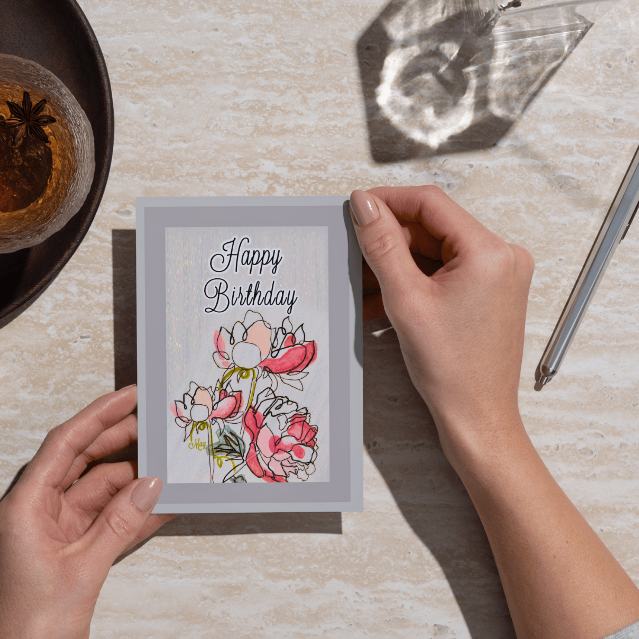 Happy Birthday Greeting Card with Line & Wash Floral Illustration