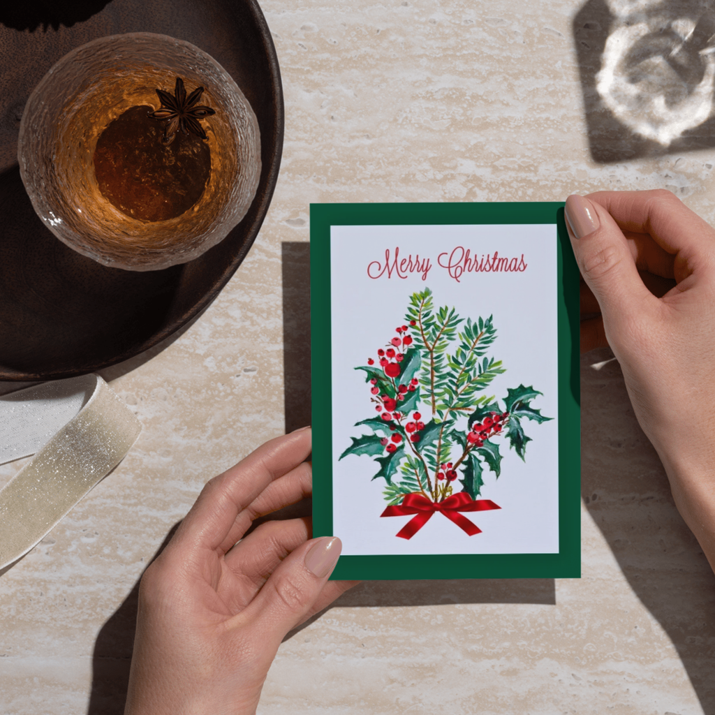 Merry Christmas Holly & Berry Bouquet — Original Acrylic Painting Card | Classic Festive Gift