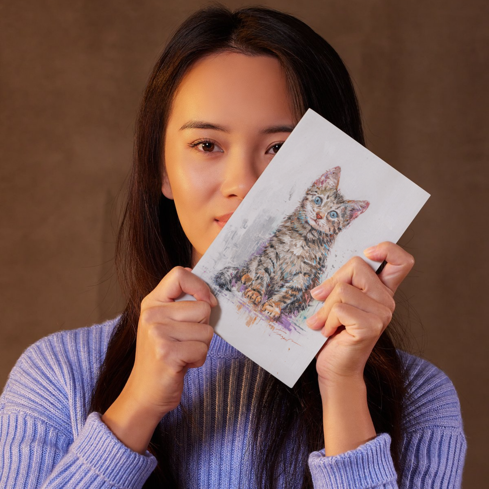 Curated Acrylic Kitten Art Card – Blue‑Eyed Tabby Charm