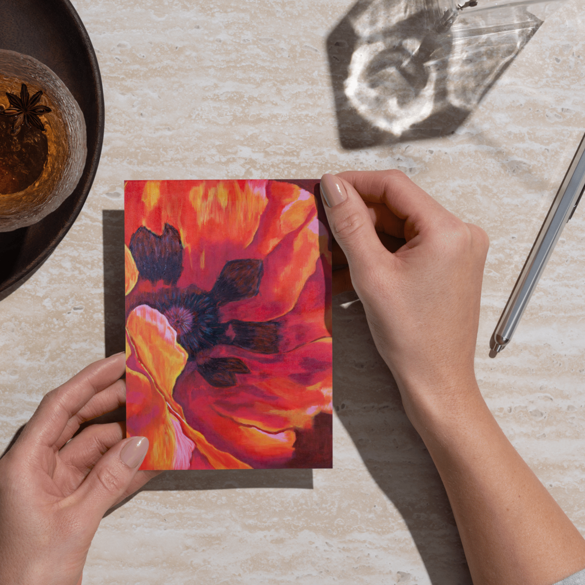 Fiery Poppy Floral Card – Acrylic Painting Design
