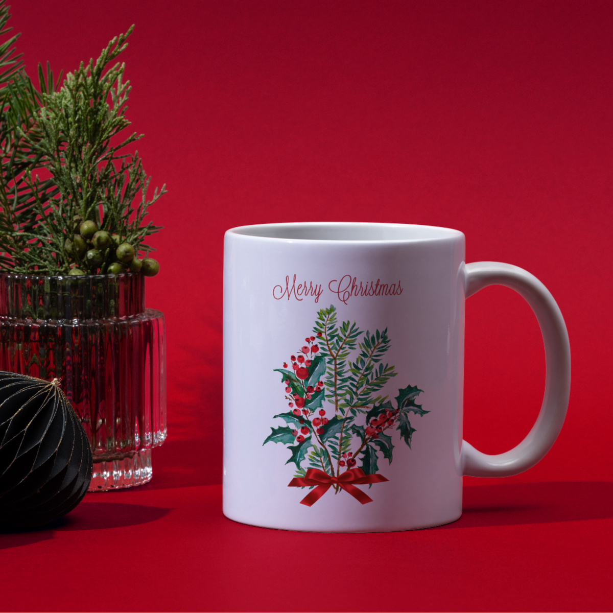 Holly & Berry Bouquet Mug – Traditional Christmas Ceramic Coffee Mug
