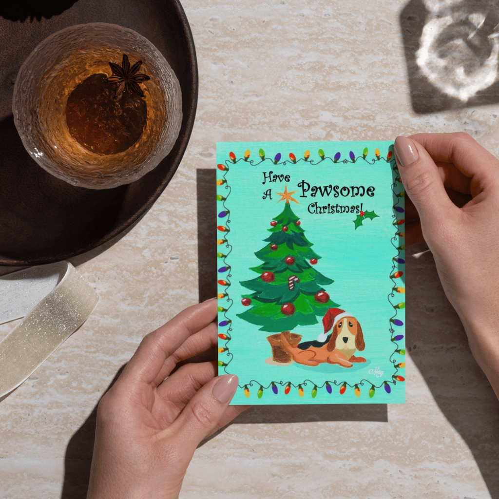 Have A Pawsome Christmas Basset Hound — Original Acrylic Painting Card | Funny Dog Lover Gift