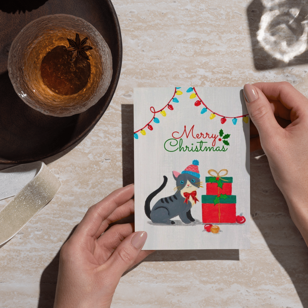 Merry Christmas Kitten in Bobble Hat & Gift Boxes — Original Acrylic Painting Card | Cute Cat Gift