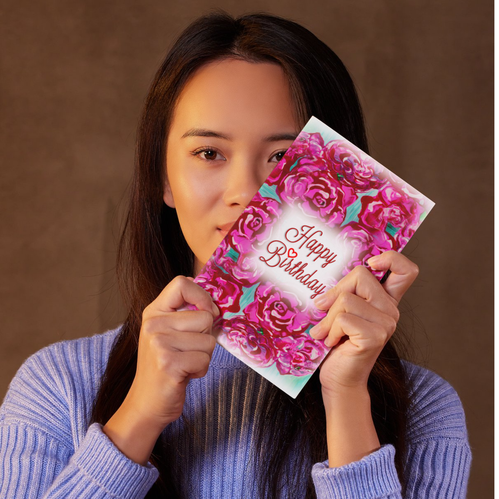 Acrylic Flow Card – Happy Birthday Greeting Card with Pink Roses & Heart Accent