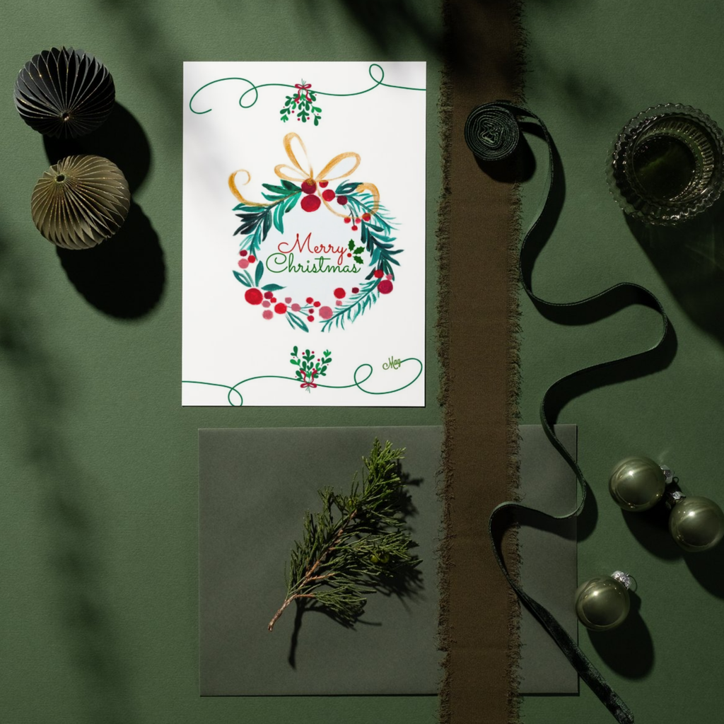Merry Christmas Wreath & Golden Bow — Original Acrylic Painting Card | Elegant Festive Gift