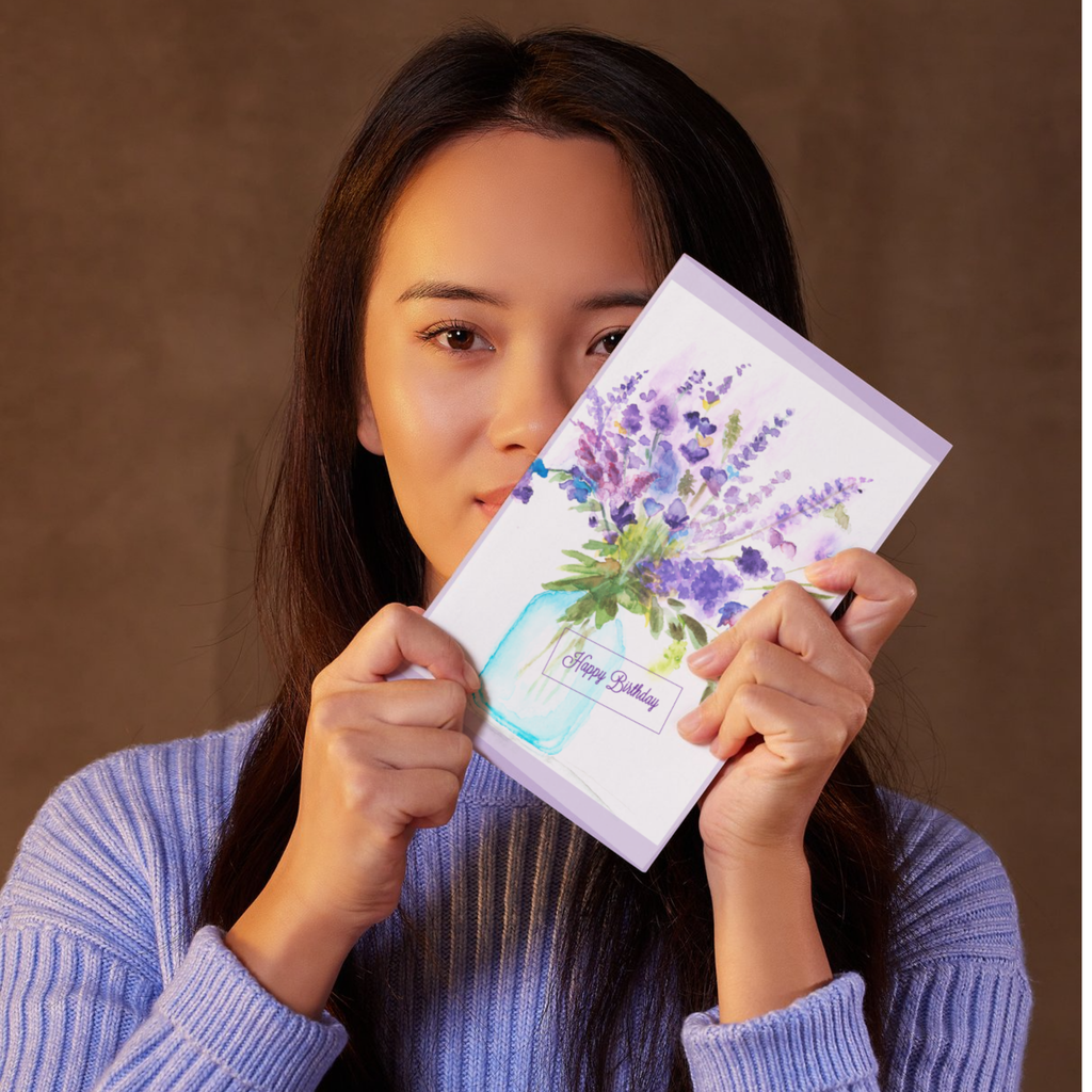 Mason Jar Blooms Card – Happy Birthday Greeting Card with Watercolor Florals & Purple Border