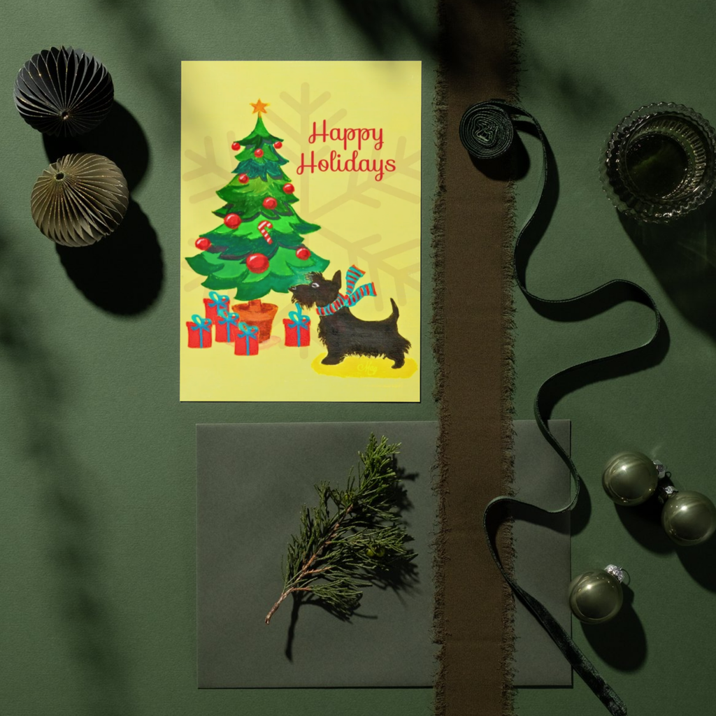 Happy Holidays Scottie Dog & Christmas Tree — Original Acrylic Painting Card | Dog Lover Festive Gift