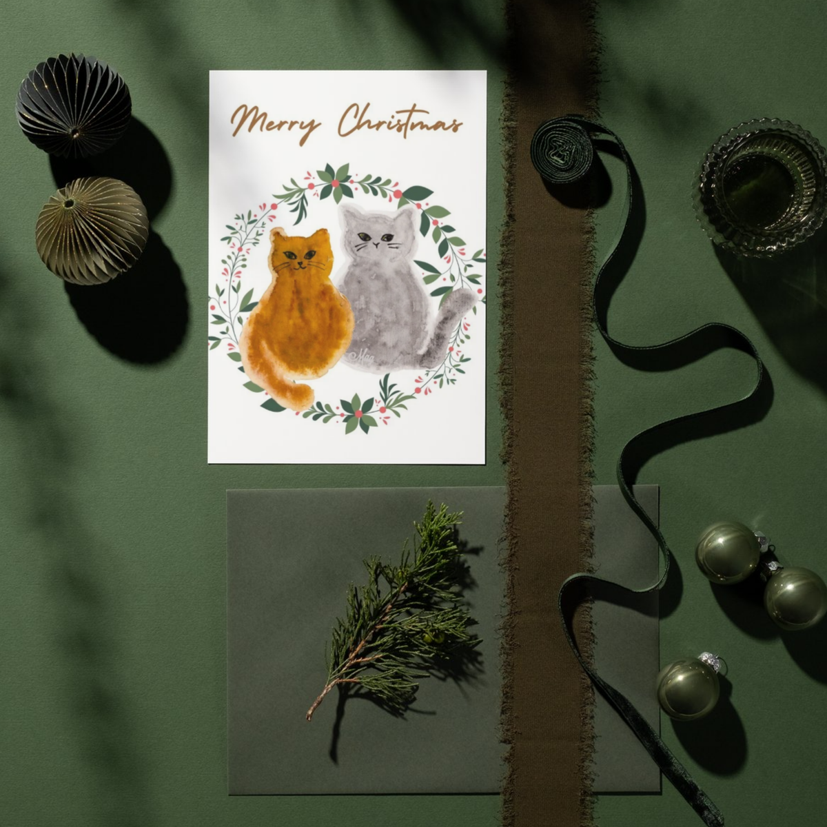 Merry Christmas Two Cats Floral Wreath — Original Acrylic Painting Card | Cat Lover Festive Gift
