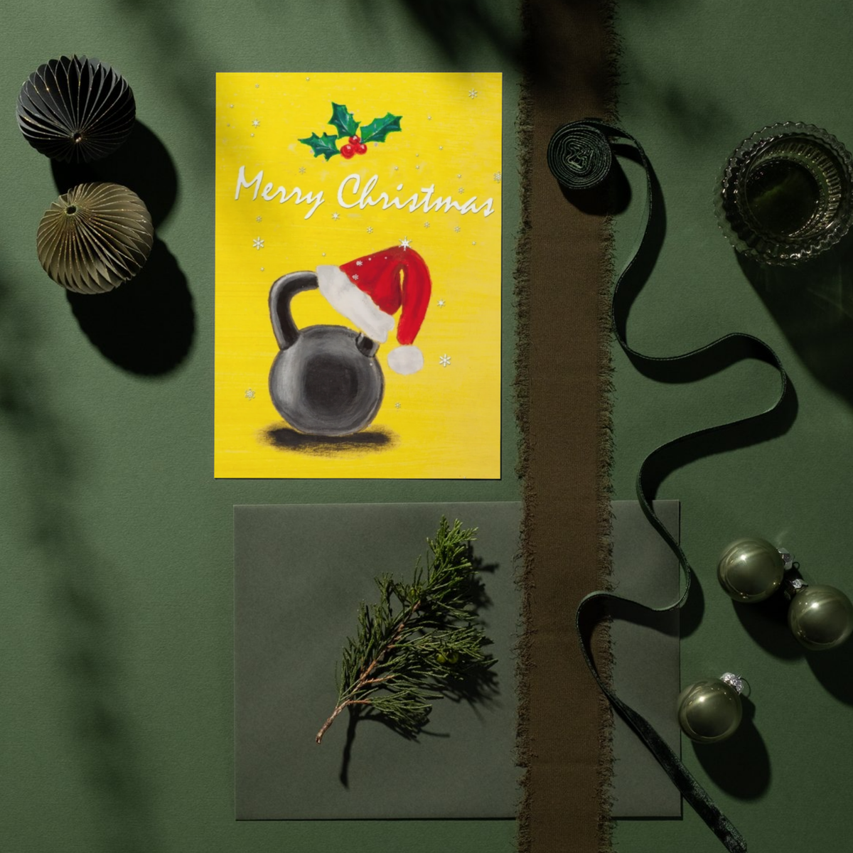 Merry Christmas Kettlebell Santa — Original Acrylic Painting Card | Funny Gym Fitness Gift