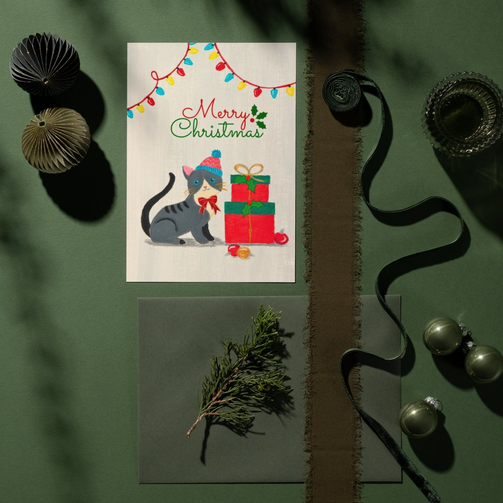 Merry Christmas Kitten in Bobble Hat & Gift Boxes — Original Acrylic Painting Card | Cute Cat Gift