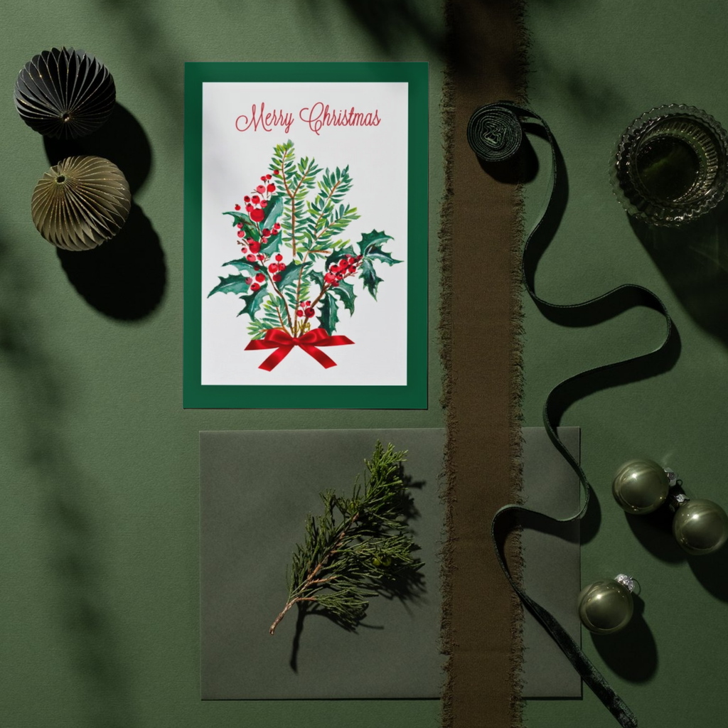 Merry Christmas Holly & Berry Bouquet — Original Acrylic Painting Card | Classic Festive Gift