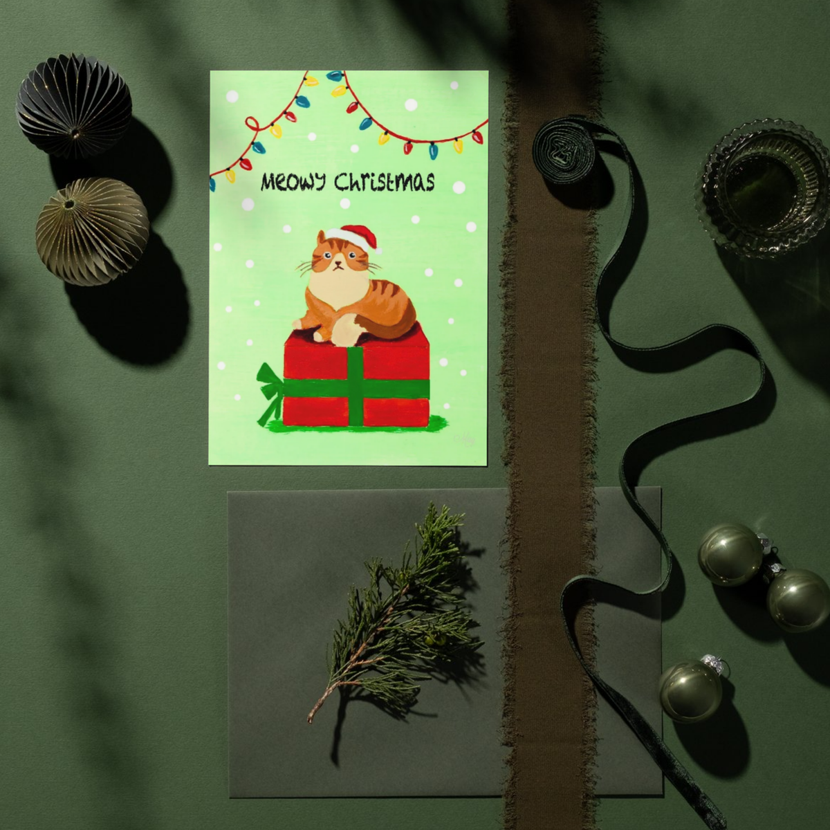 Meowy Christmas Santa Cat on Gift Box — Original Acrylic Painting Card | Funny Cat Lover Gift