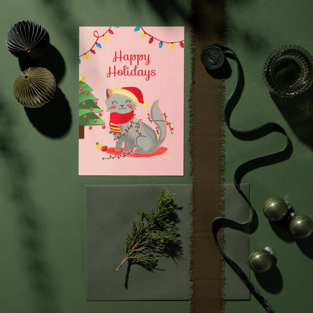 Happy Holidays Grey Cat & Fairy Lights — Original Acrylic Painting Card | Cute Cat Festive Gift