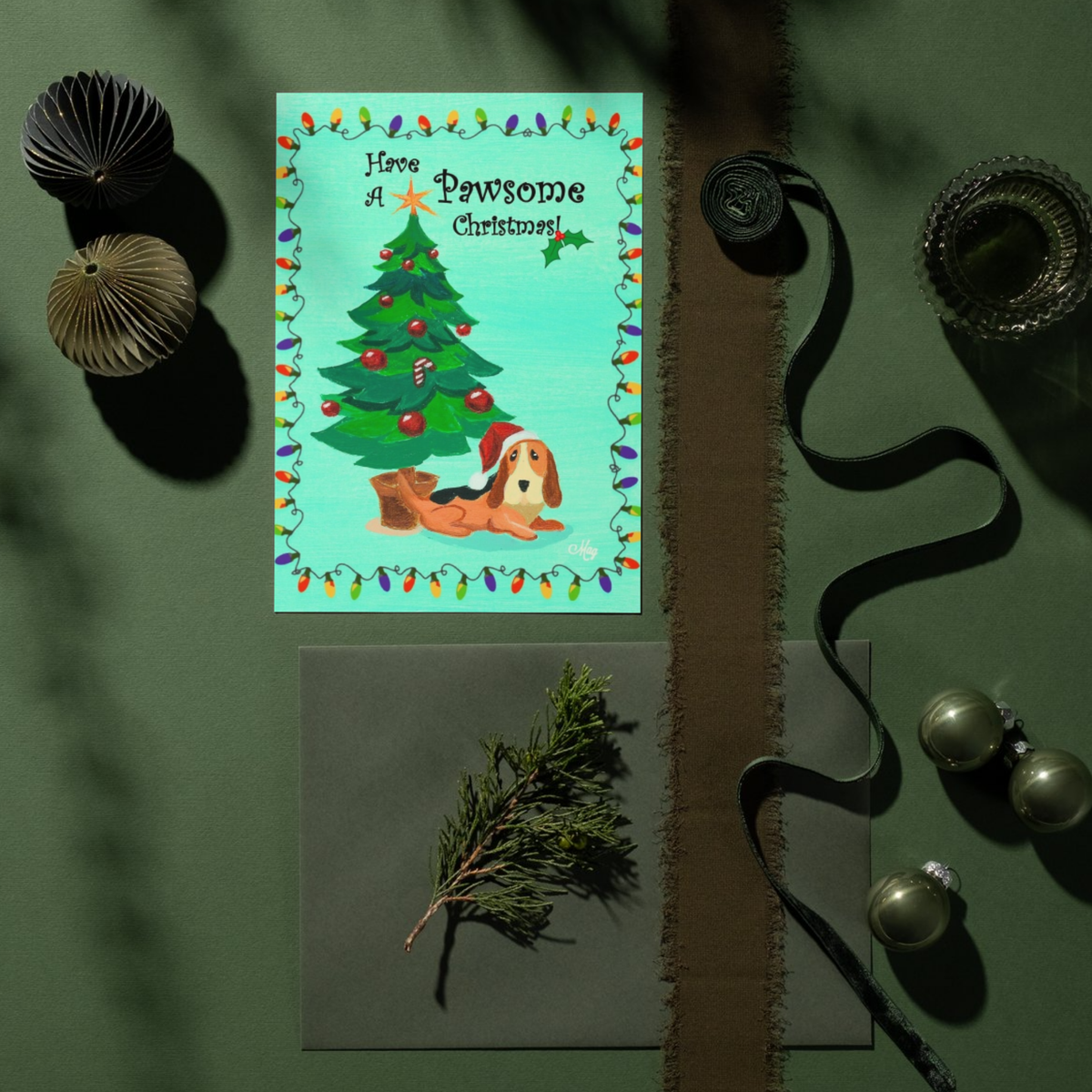 Have A Pawsome Christmas Basset Hound — Original Acrylic Painting Card | Funny Dog Lover Gift