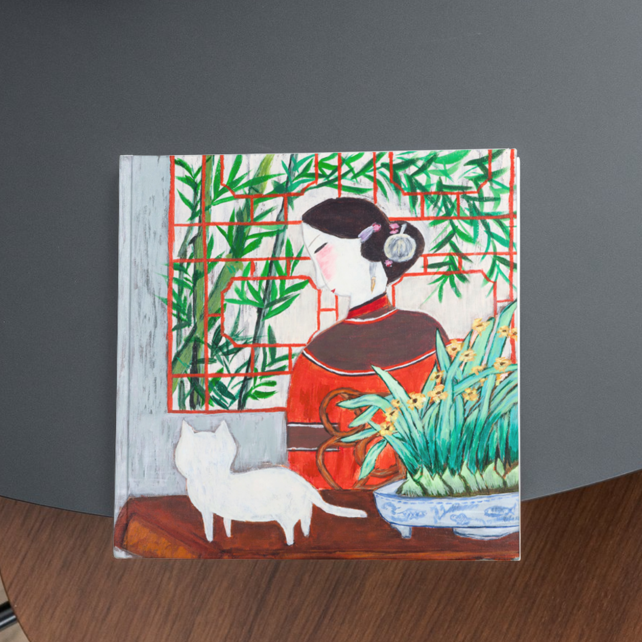 Oriental Lady with Cat – Bamboo Garden Art Greeting Card