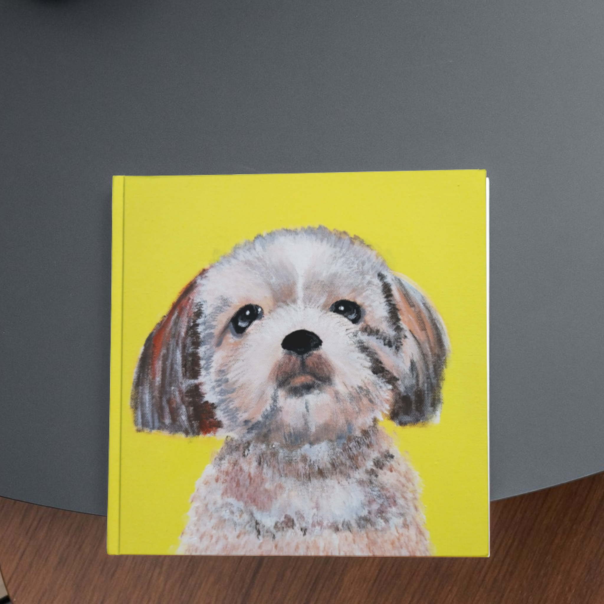Original Acrylic Dog Portrait Art Card – Bright Yellow Background